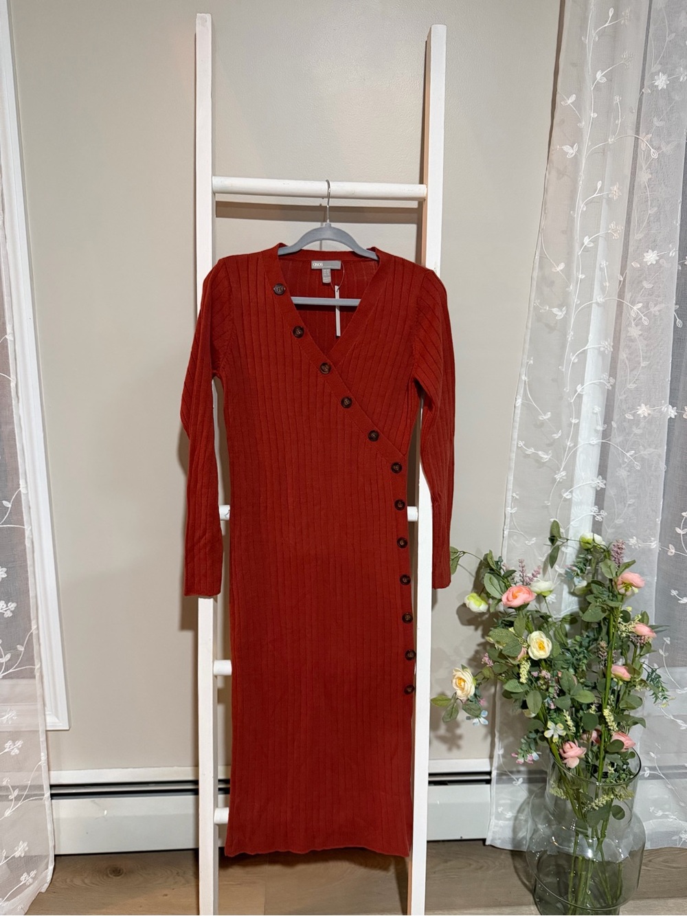 ASOS Ribbed Wrap-Style Midi Dress in Brick Red